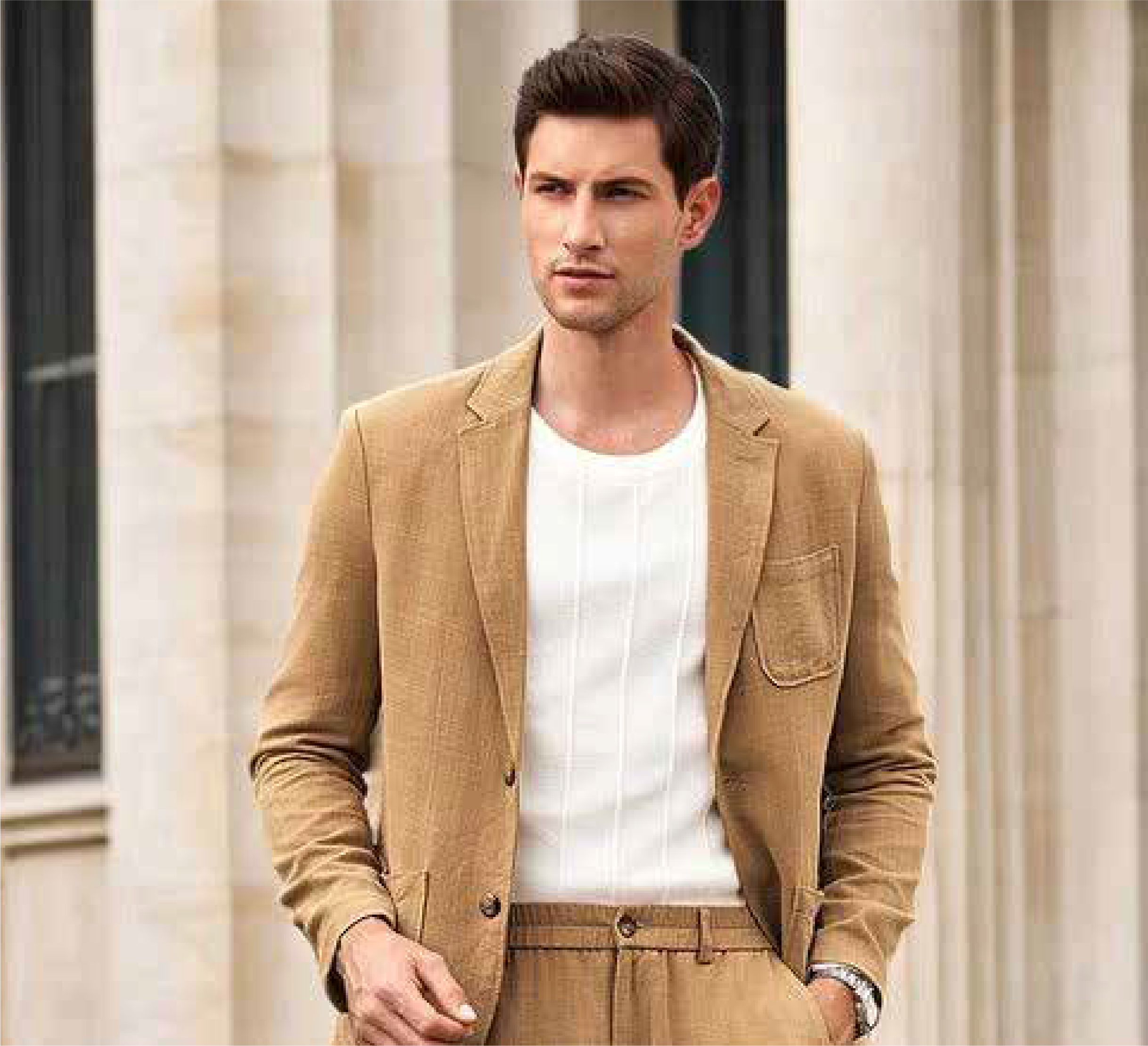 Man wearing woven apparel